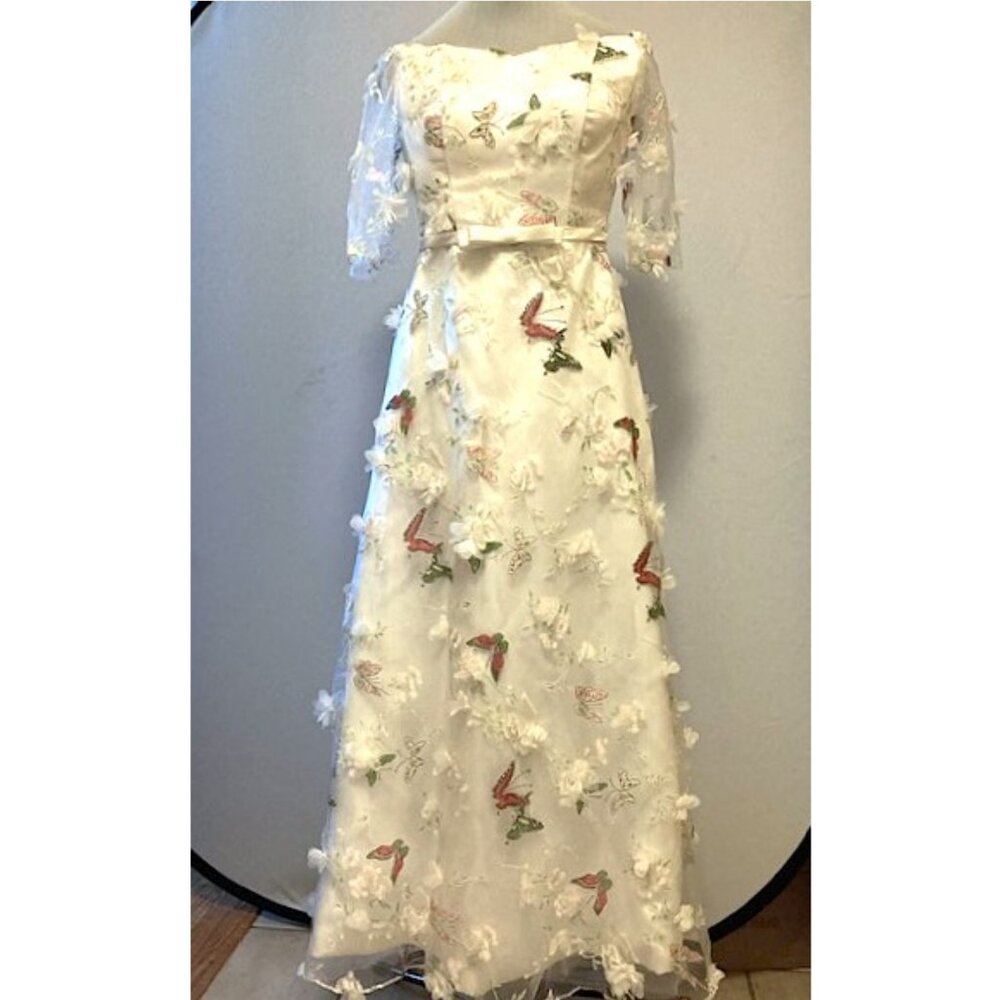 Butterfly white satin & chiffon overdress with butterflies and 3D flowers
